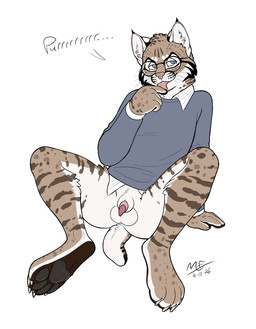 anatomically_correct anatomically_correct_genitalia anatomically_correct_penis animal_genitalia animal_penis anthro balls bobtail bottomless cheek_tuft claws clothed clothing eartufts eyewear facial_tuft feet feline_genitalia feline_penis genitals glasses licking looking_at_viewer male pantsless partially_clothed pawpads penile_spines penis purring sheath sitting solo tongue tuft whiskers moodyferret jasper_kinney bobcat felid feline lynx mammal 2026 hi_res