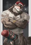 2023 abs absurd_res anthro barazoku biceps big_penis biped blue_eyes blush bodily_fluids bottomless bottomless_anthro bottomless_male brown_body brown_fur canid canine canis christmas christmas_clothing christmas_headwear clothed clothing countershade_fur countershading erection fur genital_fluids genitals glans hat headgear headwear heart_symbol hi_res holidays huge_penis humanoid_genitalia humanoid_penis leaking_precum looking_at_viewer male mammal muscular muscular_anthro muscular_male ogami_aratsuka pecs penis precum santa_hat satogaku shirt shirt_only smile solo standing topwear topwear_only vein veiny_penis vtuber white_body white_clothing white_countershading white_shirt white_topwear wolf