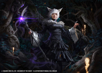 5_fingers black_clothing black_dress breasts choker clothing dress female fingers hair holding_object holding_staff jewelry looking_at_viewer necklace plant solo staff text tree white_hair magali_villeneuve final_fantasy final_fantasy_xiv final_fantasy_xiv_(legacy) hasbro magic:_the_gathering square_enix wizards_of_the_coast y'shtola_rhul felid feline humanoid mammal miqo'te english_text hi_res official_art