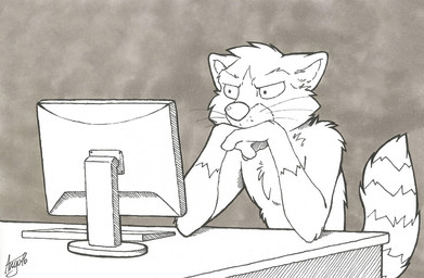 angry anthro computer desk electronics fur furniture grey_background keyboard male markings simple_background solo striped_markings striped_tail stripes table tail tail_markings whiskers ango76 mammal procyonid raccoon 2019 icon meme monochrome portrait reaction_image