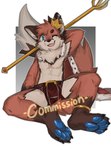 abs anklet anthro athletic bent_legs blue_eyes boxer_briefs canid canine cloak clothing crown fox front_view hakooo hand_behind_head headgear hi_res jewelry male mammal nude one_eye_closed open_mouth open_smile pawpads red_body rubber_(outrubber) scepter simple_background sitting smile solo underwear watermark young