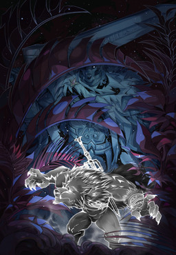 anthro armor biped breastplate claws cloak clothing cosmic_background duo fangs finger_claws holding_melee_weapon holding_object holding_sword holding_weapon male melee_weapon plant starry_background sword teeth weapon eruprior elden_ring fromsoftware blaidd_(elden_ring) canid canine canis mammal wolf 2022 absurd_res digital_media_(artwork) hi_res