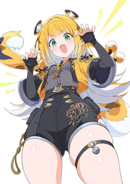 animal_ears arms_bent bare_legs belt black_bottomwear black_clothing black_shorts blonde_hair blush bottomwear breasts claw_pose clothed clothing fangs female fluffy_ears green_eyes grey_dress_shirt hair jacket long_hair looking_at_viewer looking_down looking_down_at_viewer medium_breasts open_clothing open_jacket open_mouth open_topwear raised_tail shorts simple_background striped_hair tail teeth thigh_strap topwear two_tone_tail white_background white_hair yellow_clothing yellow_jacket_(clothing) yellow_topwear young young_female young_humanoid kamuraaa_615 mihoyo zenless_zone_zero ju_fufu animal_humanoid felid felid_humanoid humanoid mammal mammal_humanoid pantherine pantherine_humanoid thiren tiger_humanoid hi_res signature