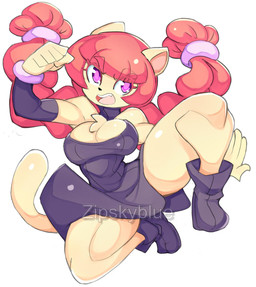 anthro black_clothing breasts chest_tuft cleavage clothed clothing female fighting_pose fur hair pose red_hair small_waist solo thick_thighs tuft wide_hips yellow_body yellow_fur zipskyblue kyoko_(zipskyblue) felid feline mammal hi_res