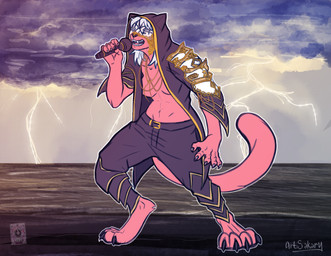anthro beach claws clothed clothing electronics female fur hair jewelry light mask microphone red_body red_fur sea singing solo storm water wearing_mask white_hair sakary_yoliztli sleep_token gillie_razgriz felid feline mammal pantherine absurd_res hi_res lighting trans_(lore) trans_woman_(lore)