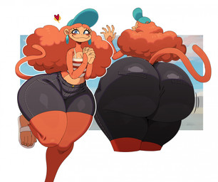 5_fingers alternate_species anthro baseball_cap big_butt big_hair blue_eyes bottom_heavy bottomwear butt clothed clothed_anthro clothed_female clothing crop_top denim denim_bottomwear denim_clothing denim_shorts eyelashes female female_anthro fingers flip_flops footwear fur furrification hair hat headgear headwear heart_symbol huge_butt huge_hips huge_thighs hyper hyper_butt looking_at_viewer midriff orange_hair pear-shaped_figure rear_view sandals shirt shoes shorts smile solo tail thick_thighs tight_bottomwear tight_clothing tight_shorts topwear wide_hips sssonic2 disney inner_workings kate_(inner_workings) haplorhine mammal monkey primate 2025 digital_media_(artwork) hi_res