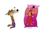 anthro black_nose body_pillow bottomwear brown_body clothing duo heart_symbol male male/male muscular muscular_male pants pillow cartuneslover23 hanna-barbera it's_the_wolf jellystone_(hbo_max) shazzan mildew_wolf shazzan_(character) canid canine canis genie mammal wolf 2021