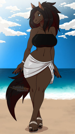 5_toes anthro beach big_hair brown_body brown_fur clothing feet female footwear fur hair humanoid_feet plantigrade sandals sarong shoes solo toes topwear tube_top zimakum equid equine horse mammal absurd_res digital_drawing_(artwork) digital_media_(artwork) hi_res
