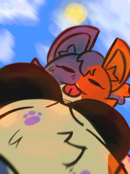 anthro blep breasts calico_pattern female fur grey_body grey_fur looking_at_viewer looking_down looking_down_at_viewer low-angle_view orange_body orange_fur pink_tongue sky solo tongue tongue_out under_boob yellow_body yellow_fur plushyxx epic_games fortnite fortnite:_battle_royale cate_meowdy calico_cat domestic_cat felid feline felis mammal 2026 3:4 absurd_res digital_drawing_(artwork) digital_media_(artwork) english_description hi_res