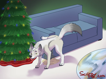 bodily_fluids christmas_tree feral genital_fluids hiked_leg holidays inside male male_peeing peeing piss_destruction plant raised_leg solo tree urine urine_pool urine_stream scuzzyfox christmas canid canine mammal 4:3 absurd_res hi_res