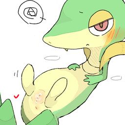 :< anus biped bipedal_feral blush blush_lines censor_bar censored_genitalia censored_vulva eyeshadow featureless_feet feet female female_feral feral genitals green_body half-closed_eyes looking_at_viewer lying makeup narrowed_eyes on_back red_eyes simple_background solo tan_body three-quarter_view vulva white_background yellow_eyeshadow purupuwa nintendo pokemon generation_5_pokemon pokemon_(species) snivy 1:1 2026 cel_shading censored digital_drawing_(artwork) digital_media_(artwork) hi_res shaded