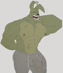 abs anthro big_bulge big_muscles big_pecs big_penis bottomwear bulge clothing detailed_bulge eye_scar eyes_closed facial_scar genital_outline genitals huge_bulge huge_penis male muscular muscular_arms muscular_male nipples open_mouth pecs penis penis_outline scar shorts solo yawn ryandidindoome five_nights_at_freddy's five_nights_at_freddy's_3 scottgames springtrap_(fnaf) lagomorph leporid mammal rabbit hi_res