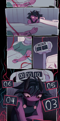 anthro bed black_hair cardiac_monitor clothed clothing countdown duo facial_markings female fully_clothed furniture hair head_markings horn hospital hospital_bed hospital_gown male male/female markings medical_instrument neck_brace number overalls red_body red_skin scientific_instrument sitting tattoo tear_(marking) thousand_yard_stare vein lizards0ck hellaverse helluva_boss millie_(helluva_boss) moxxie_(helluva_boss) demon imp 2026 colored_sketch comic hi_res restricted_palette shaded sketch