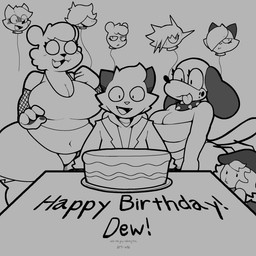 anthro balloon behind_another big_breasts breasts cake collar crossgender dessert eyelashes female food freckled_face freckles grey_background group inflatable long_ears male mtf_crossgender narrowed_eyes open_mouth sharp_teeth simple_background smile spiked_collar spikes standing teeth text thick_thighs tongue tongue_out lewdewott duck_hunt nintendo pokemon arum_(hornygoldyber) dew_(lewdewott) duck_hunt_dog huntress_(lewdewott) mara_(maracacchi) animate_inanimate bear canid canine canis dewott domestic_dog generation_5_pokemon living_balloon living_inflatable mammal pokemon_(species) 1:1 2026 digital_drawing_(artwork) digital_media_(artwork) english_text hi_res monochrome