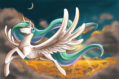 feathered_wings feathers female feral horn moon quadruped solo sun tail white_body white_feathers wings valkyrie-girl friendship_is_magic hasbro my_little_pony mythology princess_celestia_(mlp) equid equine mammal mythological_creature mythological_equine winged_unicorn 3:2 hi_res