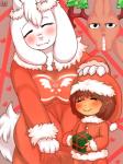 ambiguous_gender anthro blush breasts clothed clothing eyes_closed female group heart_symbol holidays looking_at_viewer mature_anthro mature_female smile young ankk christmas undertale undertale_(series) frisk_(undertale) gyftrot toriel boss_monster_(undertale) bovid caprine deer human mammal 3:4 hi_res signature