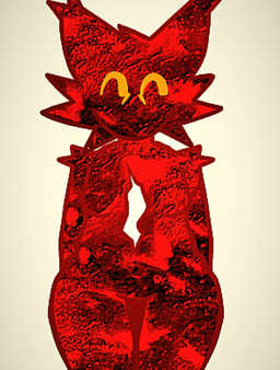 anthro digitigrade female food fur hair meat overweight red_body red_fur s_pl4t smile solo spiky_hair standing stylized_character textured_shading yellow_eyes xerise xerise_(sona) felid feline mammal meat_creature full-length_portrait hi_res line_art portrait