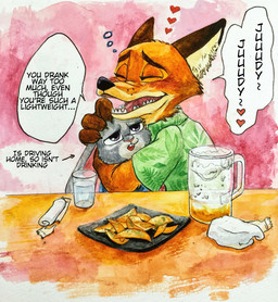 anthro clothing drunk duo female male substance_intoxication text third-party_edit z_tsuruo disney zootopia judy_hopps nick_wilde canid canine fox lagomorph leporid mammal rabbit red_fox true_fox comic english_text hard_translated hi_res traditional_media_(artwork) translated