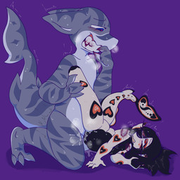 anthro bite_mark blood blood_in_mouth blood_on_hand bodily_fluids claws duo female fluids_on_ground lying male male/female on_side scales sharp_teeth size_difference teeth guppitastic aquatic fish shark 1:1 absurd_res hi_res