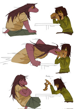 ambiguous_gender anthro bite bite_mark blush blush_lines burger crossed_arms duo eyes_closed female food furniture holding_food holding_object sitting table tail tail_motion tailwag teeth text wide_eyed yellow_eyes yellow_teeth pumee001 deltarune undertale_(series) kris_dreemurr susie_(deltarune) human mammal 2026 comic digital_media_(artwork) english_text hi_res signature