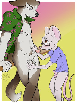 age_difference anthro balls bodily_fluids bottomless circumcised circumcision_scar clothed clothing dripping duo erection eyewear floral_print floral_shirt foreskin fur genital_fluids genital_scar genitals glasses humanoid_genitalia humanoid_penis male male/male nipples nude open_mouth pattern_clothing pattern_shirt pattern_topwear penile penis precum precum_drip scar sex shirt shirt_only simple_background size_difference smile tail topwear topwear_only wearing_glasses young young_anthro younger_male wintersink canid canine canis mammal mouse murid murine rodent wolf 3:4 digital_media_(artwork) hi_res