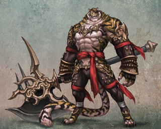 abs anthro armor axe blue_eyes bracers bulge claws clothed clothing eye_patch eyewear fur greataxe male melee_weapon muscular muscular_anthro muscular_male pose sash solo striped_body striped_fur stripes topless warrior weapon white_body white_fur yellow_body yellow_fur jacketbear felid mammal pantherine tiger hi_res