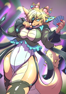 anthro blonde_hair blue_eyes breasts card casino clothed clothing costume female hair legwear solo mttbsmn mythology heartsroid_catalfa_(mttbsmn) dragon mythological_creature mythological_scalie scalie absurd_res hi_res