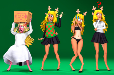 2_horns 5_fingers angry anthro antlers bikini black_bikini black_clothing black_dress black_eyes black_sleeves black_swimwear blonde_hair bodily_fluids box breasts buckteeth checkered checkered_clothing checkered_shirt checkered_topwear clothing container cross-popping_vein crouching dress eyelashes female fingers freckled_face freckles fur gesture green_background group hair holding_box holding_container holding_object hooves horn long_eyelashes long_hair looking_at_viewer medium_breasts navel navel_line open_mouth orange_body orange_fur pattern_clothing pattern_shirt pattern_topwear pointy_ears question_mark red_nose scut_tail shirt shocked short_tail simple_background smile smiling_at_viewer sparkles standing sweat sweatdrop swimwear tail tear_trough teeth thin_legs thinking topwear two-piece_swimsuit unguligrade waving waving_at_viewer white_clothing white_dress white_shirt white_topwear the-doomguysfm nuke84_(modeler) deltarune undertale_(series) noelle_holiday deer mammal new_world_deer reindeer 3d_(artwork) digital_media_(artwork) full-length_portrait hi_res portrait source_filmmaker_(artwork)