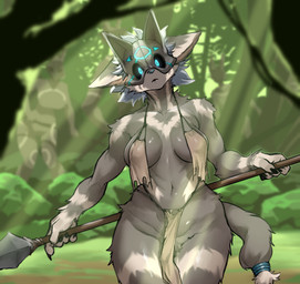 anthro bottomwear breasts clothed clothing female fur glowing glowing_eyes grey_body grey_fur holding_object holding_weapon loincloth looking_at_viewer mask melee_weapon multicolored_body multicolored_fur polearm solo spear tail two_tone_body two_tone_fur weapon sleepiness18 karla_(sleepiness18) mammal absurd_res hi_res