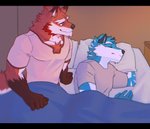 anthro bed black_bars blue_body blue_fur clothed clothing duo fur furniture male male/male romantic sleeping smile student teacher teacher_and_student kemmuono knights_college argo_northrop diederich_olsen canid canine mammal letterbox