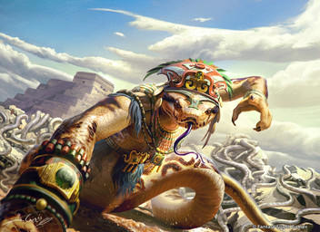 ambiguous_gender anthro apode aztec brown_body brown_scales clothing cloud day dutch_angle forked_tongue front_view group hat headgear headwear legless outside pyramid scales serpentine solo_focus tongue joshua_cairos arkham_horror:_the_card_game fantasy_flight_games draconcopode naga reptile scalie snake official_art