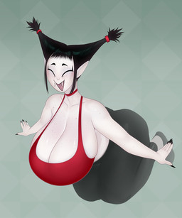 5_fingers big_breasts black_hair black_nails breasts choker cleavage clothed clothing colored_nails crop_top eyes_closed fangs female fingers floating freckles hair huge_breasts jewelry leggings legwear long_nails midriff nails necklace not_furry open_mouth open_smile pale_skin shirt smile solo teeth thick_thighs tied_hair topwear white_body white_skin wide_hips derek_hetrick musette humanoid vampire 2022 5:6 hi_res