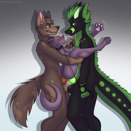 anthro black_body black_fur bodily_fluids brown_body brown_fur collar fur genital_fluids green_body green_eyes green_fur green_hair group hair horn knot leash male male/male multicolored_body multicolored_fur paws precum purple_eyes sex size_difference trio yellow_eyes miavumav mythology teryx_dragon toby_endly canid canine canis dragon mammal mythological_creature mythological_scalie scalie wolf 1:1 hi_res