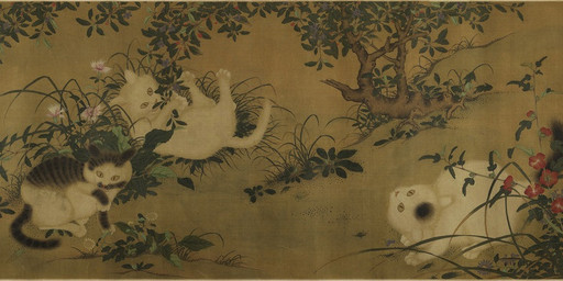 1429 ambiguous_gender bamboo bicolored_fur bite black_body black_fur black_spots blue_flower feral flower fur group holding_in_mouth leaf lying on_back orange_body orange_fur orange_spots pawpads paws plant quadruped red_flower sitting sleeping spots tail text tree white_body white_fur yellow_eyes zhu_zhanji public_domain avian bird domestic_cat felid feline felis mammal 15th_century ancient_art chinese_text hi_res long_image painting_(artwork) traditional_media_(artwork) traditional_painting_(artwork) translated wide_image