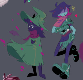 anthro armor black_body black_fur blue_body blue_hair blue_skin clothing duo eyewear fur glasses green_clothing grey_background hair hat headgear headwear male simple_background notnaruse deltarune undertale_(series) kris_dreemurr ralsei darkner human mammal 2023 absurd_res hi_res
