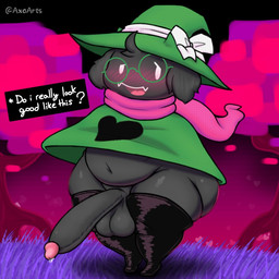 anthro balls belly big_balls big_butt big_penis black_body black_fur blush blush_lines bodily_fluids butt clothing dialogue eyewear femboy front_view fur genital_fluids genitals glasses grass green_clothing green_hat green_headwear green_robe half-closed_eyes hat hat_ribbon headgear headwear heart_symbol huge_penis legwear male narrowed_eyes navel outside pear-shaped_figure penis pink_scarf plant precum question question_mark robe scarf short solo standing teeth text thick_thighs thigh_highs tongue tree white_eyes white_ribbon wide_hips axoarts deltarune undertale_(series) ralsei bovid caprine darkner goat mammal 1:1 2023 digital_media_(artwork) english_text
