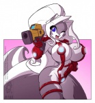 anthro armor big_breasts big_tail bikini_armor blue_eyes breasts cleavage clothed clothing curvy_figure female fluffy fluffy_tail fur gauntlets gloves grey_body grey_fur gun hair handwear holding_gun holding_object holding_ranged_weapon holding_weapon huge_breasts lips long_hair looking_at_viewer multicolored_body multicolored_fur one_eye_closed ponytail ranged_weapon skimpy small_waist smile solo stripes tail tongue top_heavy two_tone_body two_tone_fur unconvincing_armor vambrace weapon white_body white_fur white_hair wide_hips conditional_dnp jollyjack marvel chloe_sinclaire iron_man mammal mephitid skunk 2012