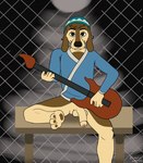 anthro clothing electric_guitar fence gate genitals guitar hat headgear headwear humanoid_genitalia humanoid_penis male musical_instrument penis plucked_string_instrument robe simple_background smile solo spotlight street_lamp string_instrument lewd_latte rock_dog bodi_(rock_dog) canid canine canis domestic_dog mammal flat_colors hi_res