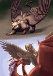 avian beak dragon duo feathered_wings feathers female feral gryphon hi_res imminent_rape male mythological_avian mythological_creature mythological_scalie mythology pounce scalie surprise tail ultrafox wings