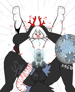 abdominal_bulge aggressive_fertilization animal_genitalia anthro antlers balls black_body black_fur blue_body blue_fur blush bodily_fluids cum cum_in_vagina cum_inflation cum_inside duo erection eyewear female freckles from_behind_position full_nelson full_nelson_(legs_held) fur genital_fluids genitals glasses glowing glowing_belly glowing_cum gradient_penis grey_nipples hair heart_symbol horn hyper_impregnation impregnation impregnation_count inflation knot looking_pleasured male male/female moan multiple_ova nipples ovum penis pregnant red_striped round_glasses sex shaking sheath sperm_cell splurt stripes suplex tail tail_coil unusual_bodily_fluids unusual_cum unusual_genital_fluids white_body white_fur white_hair lewdylithical archie_(lewdylithical) sora_azurite aquatic canid canine canis catfish chimera deer felid feline fish hybrid mammal shark wolf