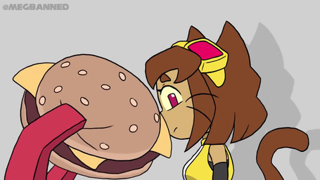 anthro black_nose brown_body brown_eyebrows brown_fur brown_hair burger cat_tail clothing ear_twitch eyebrows eyelashes eyewear eyewear_on_head fangs female first_person_view food fur goggles goggles_on_head grey_background hair hand_on_hip happy holding_burger holding_food holding_object looking_at_burger looking_at_food looking_at_object looking_at_viewer looking_back meow mostly_offscreen_character multicolored_clothing open_mouth pounce red_eyes robotic_claws shadow shirt short_hair simple_background sleeveless_shirt smile teeth tongue topwear turning_around whiskers white_clothing white_shirt white_topwear yellow_clothing yellow_shirt yellow_topwear megbanned gameoverse glitch_productions i_can_has_cheezburger? kaboodle_(gameoverse) kit_bodega domestic_cat felid feline felis mammal 2026 2d_animation animated digital_media_(artwork) english_audio meme short_playtime sound video watermark