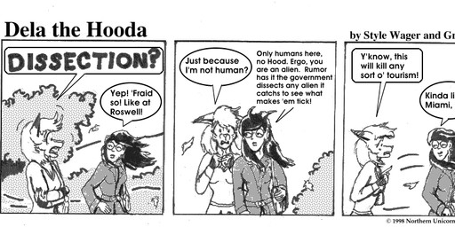 anthro breasts clothed clothed_female clothing covering covering_self dialogue duo female outside plant purse shrub text tree wind style_wager dela_the_hooda dela_aldershaw sue_chan_(dela_the_hooda) canid canine fox hooda human mammal 1998 comic english_text greyscale monochrome