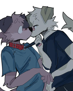 anthro biped black_clothing black_ears black_shirt black_topwear blue_clothing blue_shirt blue_topwear brown_body brown_fur clothing collar duo eye_contact floppy_ears fur green_ears leash leash_pull leashed_collar looking_at_another male shirt slim slim_anthro slim_male topwear white_body white_fur mintcashew canid canine canis domestic_dog mammal 2024 4:5 absurd_res hi_res