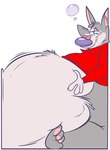 2022 absurd_res anthro belly big_belly big_nose bottomless bottomless_anthro bottomless_male box bubble canid canine canis chip_the_wolf clothed clothing container cookie_crisp cramped ears_up fur half-closed_eyes hand_on_belly head_turned hi_res huge_belly hyper hyper_belly inner_ear_fluff looking_at_viewer male mammal mascot morbidly_obese morbidly_obese_anthro morbidly_obese_male narrowed_eyes obese obese_anthro obese_male overweight overweight_anthro overweight_male paws red_clothing red_shirt red_topwear remmyfox shirt sitting smile smiling_at_viewer solo tongue tongue_out topwear tuft wall_pinned wall_press wolf