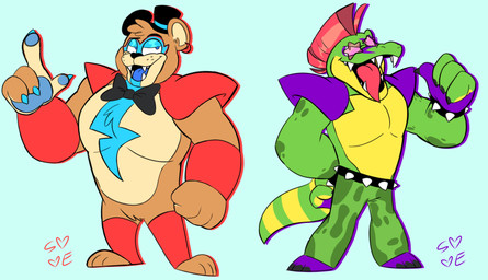 anthro barazoku barefoot belt big_hands blue_background blue_body blue_fur blue_pawpads bodypaint bottomwear bow_tie bracelet brown_body brown_fur chest_tuft claws clothed clothing crotch_tuft duo eyewear face_paint fangs feet fist fur gesture glasses gloves green_background green_body green_nose green_skin green_tail hair half-closed_eyes hand_gesture handwear hat headgear headwear jewelry long_tail male manly mohawk multicolored_body multicolored_tail muscular narrowed_eyes open_mouth pants pawpads paws pecs pointing pointing_at_self pointing_up pose raised_arm red_eyes red_hair rockstar sharp_teeth short_hair shoulder_guards simple_background smile spiked_belt spiked_bracelet spikes standing star star_glasses tail tan_body teeth thick_tail tongue tongue_out toony top_hat topless topless_anthro topless_male tuft yellow_body yellow_skin yellow_tail single-eye five_nights_at_freddy's five_nights_at_freddy's:_security_breach scottgames steel_wool_studios glamrock_freddy montgomery_gator alligator alligatorid bear crocodilian mammal reptile scalie 2021 hi_res