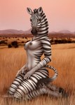 anthro areola black_areola black_hooves black_nipples black_nose black_stripes breasts dark_areola dark_nipples detailed_background eyelashes female fingers grass hooves kneeling long_neck looking_at_viewer mane navel nipples nude outdoor_nudity outside plant presenting presenting_breasts realistic solo striped_body striped_mane stripes tall_grass text white_body fenn.perrox equid equine mammal zebra 2022 digital_media_(artwork) english_text full-length_portrait hi_res portrait signature