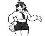 anthro big_breasts black_hair bottomwear breasts clothing curled_hair curls eyelashes female female_anthro fluffy fluffy_tail hair necktie piercing shorts solo tail thick_thighs white_clothing dynogreeno canid canine mammal absurd_res hi_res monochrome