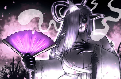 accessory anthro asian_clothing big_breasts black_sclera breasts cheek_markings cherry_blossom cherry_blossom_tree cherry_tree cleavage clothed clothing east_asian_clothing facial_markings female flower fruit_tree glowing glowing_eyes grin hair hair_over_eye hand_fan head_markings headband holding_fan holding_object japanese_clothing kimono markings open_mouth petals plant prunus_(flower) sharp_teeth smile solo teeth tenkan torn_clothing tree white_eyes wide_sleeves itzjaylock ube_(itzjaylock) canid canine fox fox_spirit ghost mammal spirit hi_res