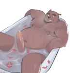 anthro arm_over_edge armpit_hair arms_bent bath bathtub belly bent_leg blush bodily_fluids body_hair cum erection fur genital_fluids genitals hair humanoid_genitalia humanoid_penis leg_over_edge looking_at_viewer male nipple_piercing nipples nude over_edge overweight overweight_anthro overweight_male penis penis_peeking_out_of_water petals piercing resting_arms rose_petals simple_background smile solo spreading sunken_seat up_and_over water wet lvx unknown_character bear mammal absurd_res hi_res