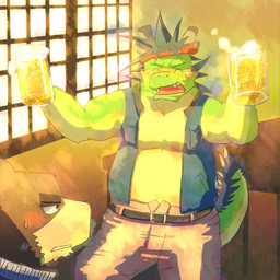accessory alcohol anthro beer belt beverage black_hair blue_clothing blue_topwear blue_vest blush brown_body brown_fur clothed clothing countershade_snout countershade_tail countershade_torso countershading drunk duo eyes_closed fangs fur glass green_body green_scales hair headband holding_object horn inside khaki_pants light light_beam male muscular muscular_male open_clothing open_topwear open_vest raimon_restaurant red_headband scales slightly_chubby slightly_chubby_anthro slightly_chubby_male snout substance_intoxication sunbeam sunlight tail tan_body tan_scales teeth topwear vest unknown_artist asian_mythology east_asian_mythology morenatsu mythology juuichi_mikazuki tatsuki_midoriya bear dragon eastern_dragon mammal mythological_creature mythological_scalie scalie 1:1 2010 colored